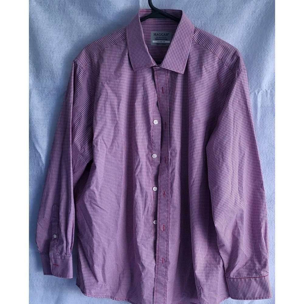 haggar cotton dress shirt Red Blue plaid‎  16 161/2 classic fit
